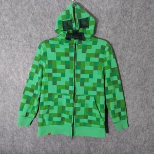 Minecraft Hoodie Kids L Creeper Pixel Graphic Zip Up Mask Green Costume Gaming
